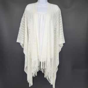 Britts Knits Womens Ruana Wrap One Size Ivory Fringe Kimono Boho Coverup Neutral